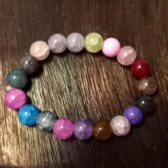 Rainbow Multicolored Crackled Agate 10 MM Bead Stretch Bracelet - Picture 3 of 8